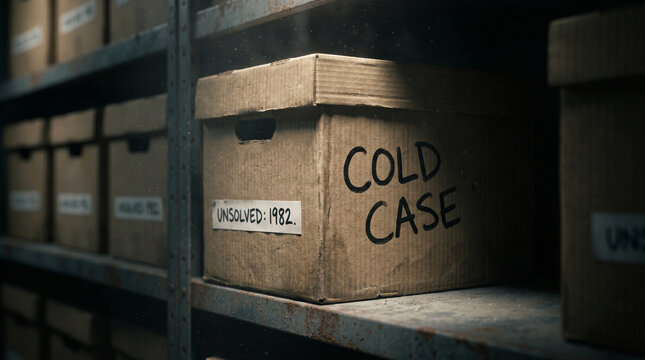 Unsolved Cold Case Box in Dusty Archive - 1982 Crime Investigation Evidence Records in Historical Police Storage Room
