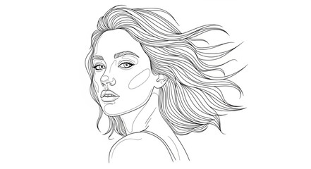 Fototapeta premium Stylized sketch of a young womans face with flowing hair.