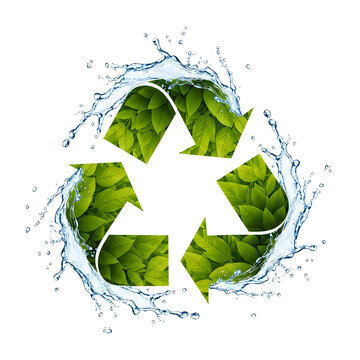 Green recycling arrows symbol with eco leaves