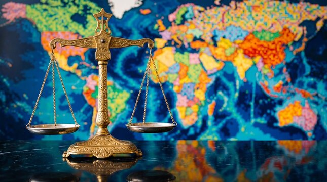 Golden scales of justice in front of a colorful world map background with reflection on a dark surface