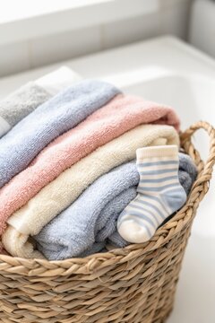 Basket of folded pastel towels neatly arranged with a small striped baby sock on top
