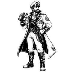 Obraz premium steampunk captain in long coat holding binoculars for fantasy adventure victorian airship explorer and vintage character design concept