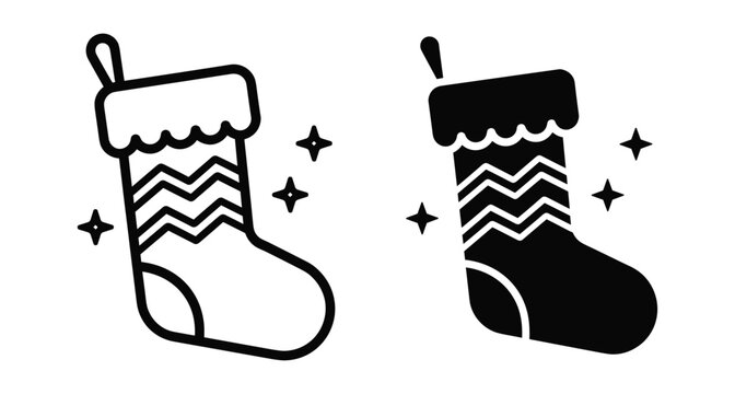 Christmas stocking icon set featuring outline and solid black silhouettes with zigzag patterns and decorative stars for holiday winter celebration designs