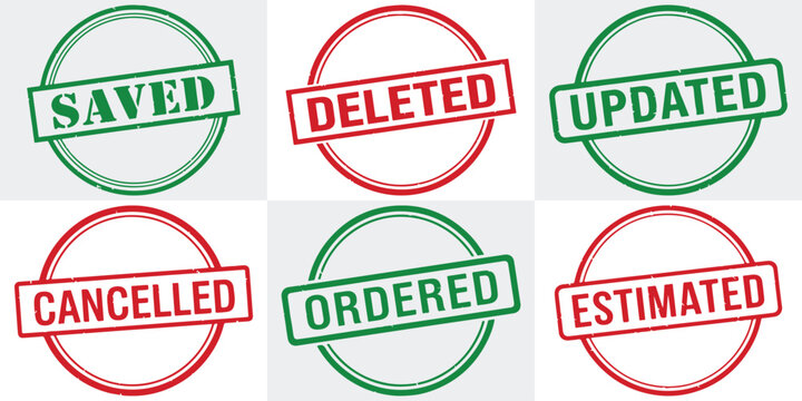 Flat vector graphic featuring six circular stamps with statuses: Saved, Deleted, Updated, Cancelled, Ordered, Estimated.