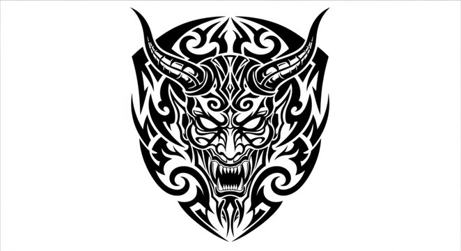 Tribal Demon Face Tattoo Design with Horns and Fangs.