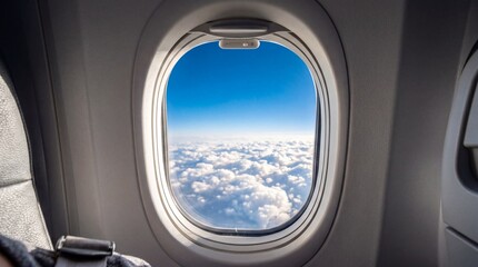Fototapeta premium Airplane window view with fluffy white clouds and blue sky on a sunny day during flight
