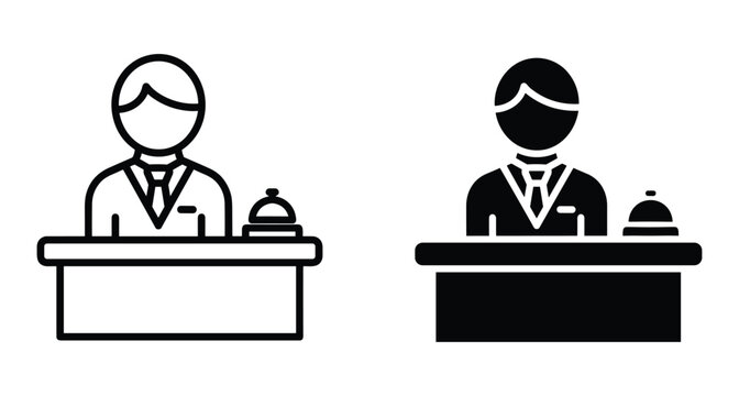 Hotel receptionist concierge front desk clerk service icon set with desk and bell for hospitality business travel and tourism industry