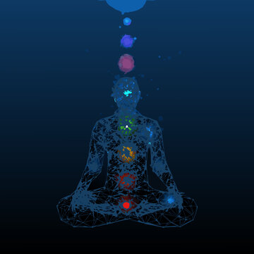 meditating person with chakra energy points polygonal illustration