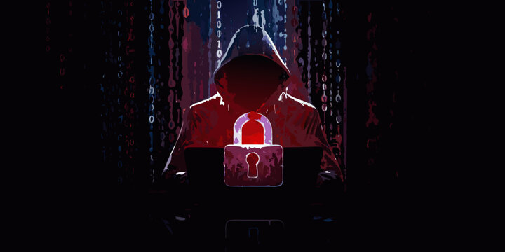hooded figure with padlock and digital binary code background