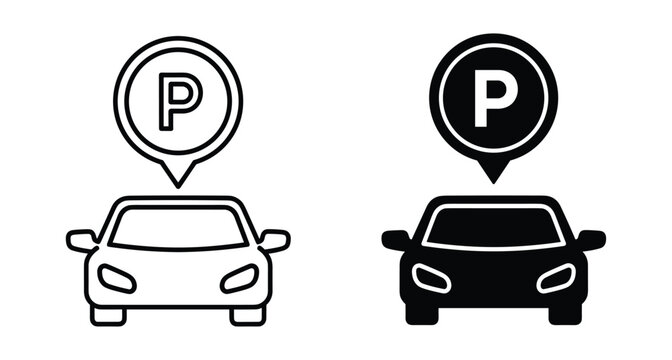 Car parking location icon set with vehicle front view and map pin pointer symbol for navigation and traffic sign design