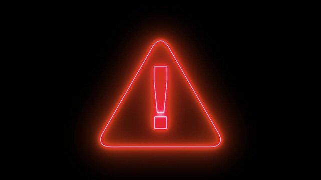 Glowing neon red colour warning icon animation on black background. Alert warning sign Exclamation symbol, danger signal icon, alert risk safety danger road warning sign symbol