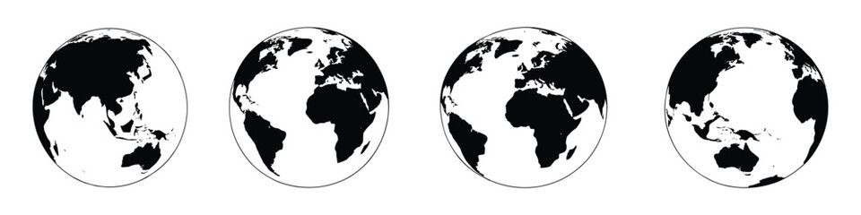 Four black and white circular globe showing different views of the earth with continents in silhouette against a white background arranged in a horizontal row © Jibit