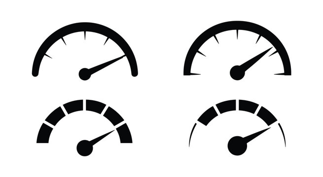 Four black silhouette speedometer with different gauge styles and needle positions on a white background