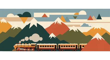 Vintage train traversing mountain landscape illustration © Arisa
