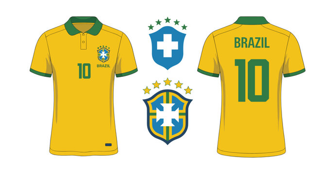 Yellow brazil soccer jersey front and back view with number ten and national team crests featuring five green stars and a white cross on a blue shield isolated on a white background