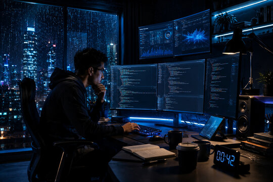 Focused programmer working late in dark room with multiple code monitors