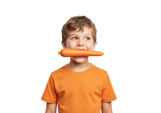 Young boy in an orange tshirt holding a fresh carrot in his mouth, isolated on transparent background