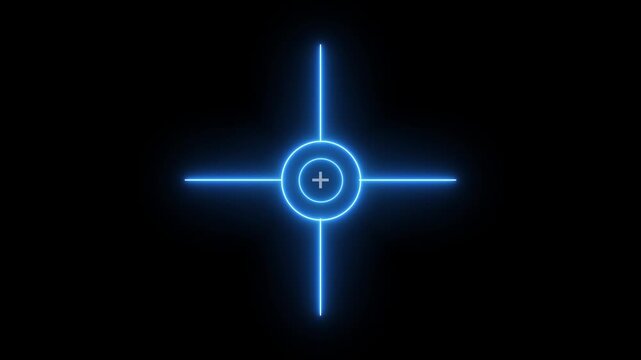  Military target icon animation on black background. Crosshair, gun aim, sniper target. 4k video Military training, Neon gun point, Sniper Scope target with measurement scale. Neon gun pointer 