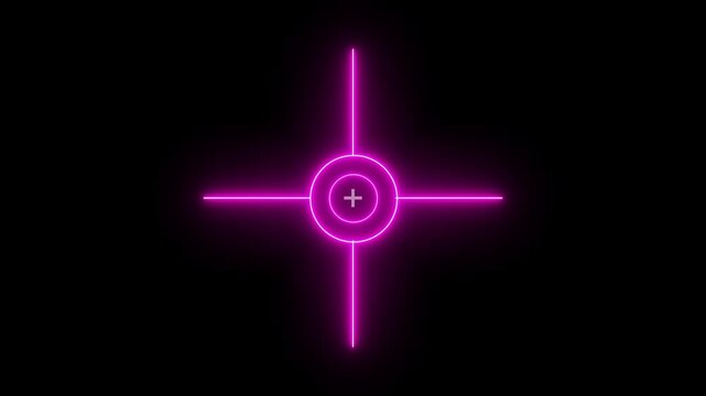  Military target icon animation on black background. Crosshair, gun aim, sniper target. 4k video Military training, Neon gun point, Sniper Scope target with measurement scale. Neon gun pointer 