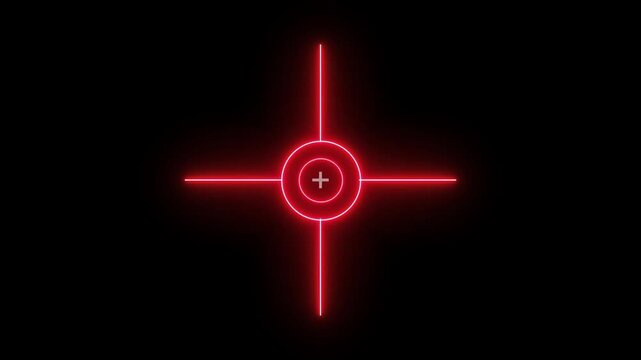  Military target icon animation on black background. Crosshair, gun aim, sniper target. 4k video Military training, Neon gun point, Sniper Scope target with measurement scale. Neon gun pointer 