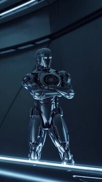 Tall chrome android standing with arms crossed on illuminated platform, sleek humanoid silhouette under cool blue lighting advanced ai core visible, poised guardian role, design prototype showcased