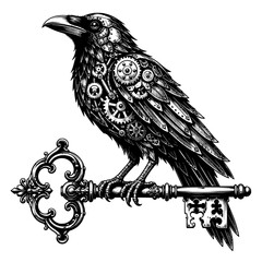 Fototapeta premium steampunk raven perched on ornate key with gears for gothic fantasy clockwork mystery vintage tattoo and decorative vector design concept