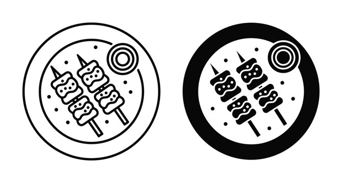 Grilled meat skewers on plate icon set with onion ring for restaurant menu food delivery and barbecue party catering services