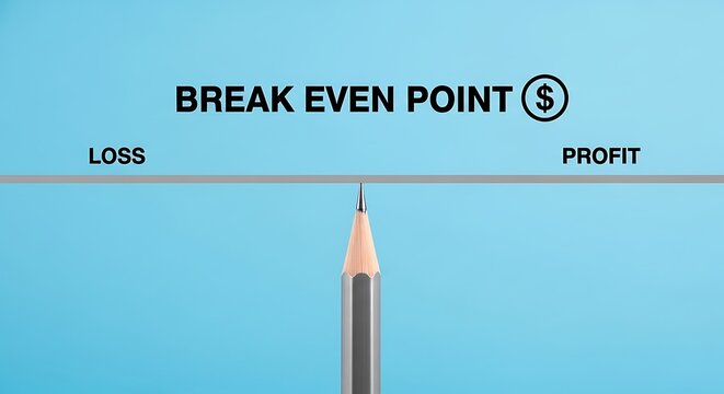 Break even point business concept with pencil balancing loss and profit, financial stability and economic equilibrium on blue background