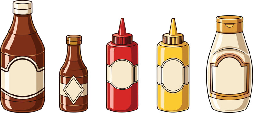 Vector illustration of five condiment bottles including soy sauce, ketchup, mustard, and mayonnaise on a transparent background, cooking ingredients, kitchen essentials, and sauces collection