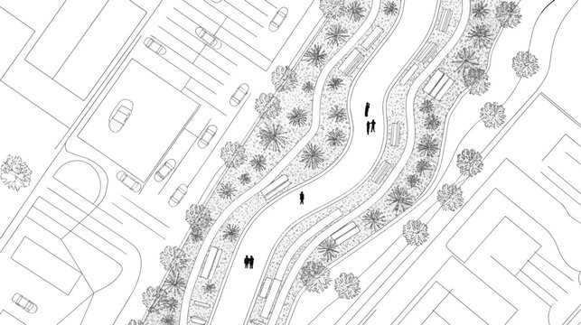 Landscape architecture site plan vector of urban public park with trees and pathway top view.