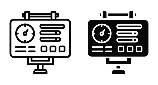 Dashboard control panel icon set featuring speedometer gauge progress bars and data visualization elements for interface design and monitoring systems
