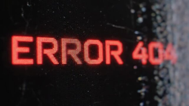 Digital display illuminates a technical malfunction showing 'ERROR 404' in glowing red characters against a dark distressed surface, signifying a lost connection