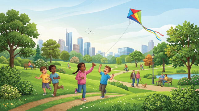 Happy children flying kite in city park, diverse kids playing outdoors on green grass, urban landscape with skyline and trees illustration