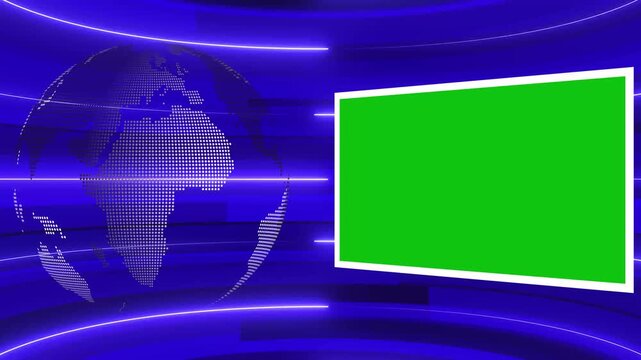Digital Blue Earth globe rotating animation, News background seamless loop, breaking news studio background. 3d virtual news studio green screen background. Breaking News Template intro for TV 