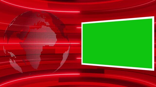 Digital Blue Earth globe rotating animation, News background seamless loop, breaking news studio background. 3d virtual news studio green screen background. Breaking News Template intro for TV 