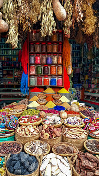 Traditional Moroccan herbalist shop with natural remedies and spices.