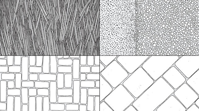 Architectural hatch patterns vector set of landscape materials and paving textures.