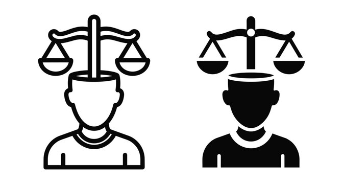 Human head with justice scale icon representing legal ethics decision making fairness judgment law mental balance and moral integrity concept