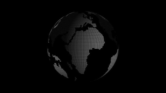 Animation of spinning globe of the Earth planet from glowing blue particulars on dark background, 4K seamless loop earth globe animation, Concept of technology, engineering, science. news background
