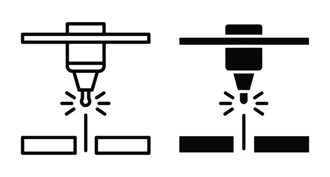 Laser cutting machine icon set showing industrial metal fabrication process with beam and sparks for manufacturing engineering and cnc technology