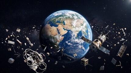 Earth surrounded by space debris and satellites in orbit around the planet with a dark background and stars © Wajid Ali