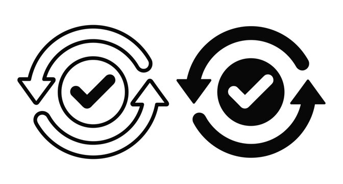 Update and synchronization icon set featuring a checkmark inside circular arrows representing successful completion of a process or data refresh