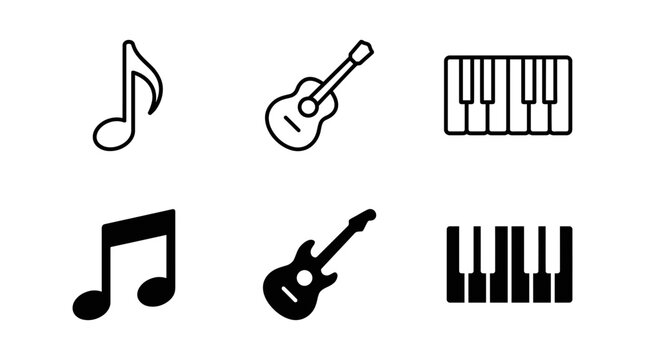 Musical instruments and notes icon set featuring acoustic guitar, piano keyboard, and quarter note symbols