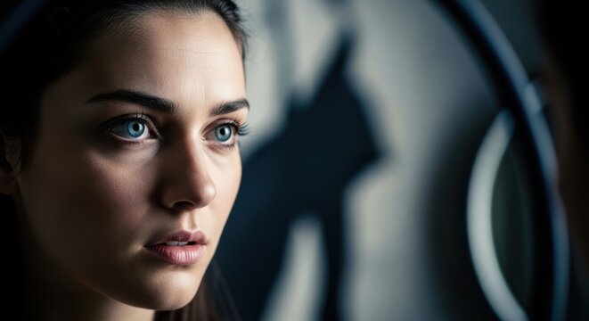 A woman with blue eyes and dark hair looks to the side with a concerned expression on her face in a dimly lit room