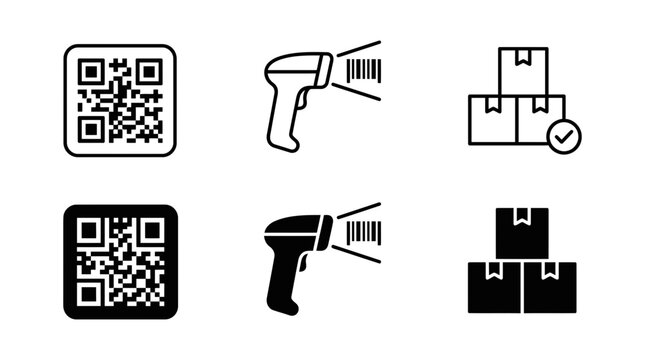 Qr code barcode scanner package delivery and inventory management icons set with e commerce, delivery