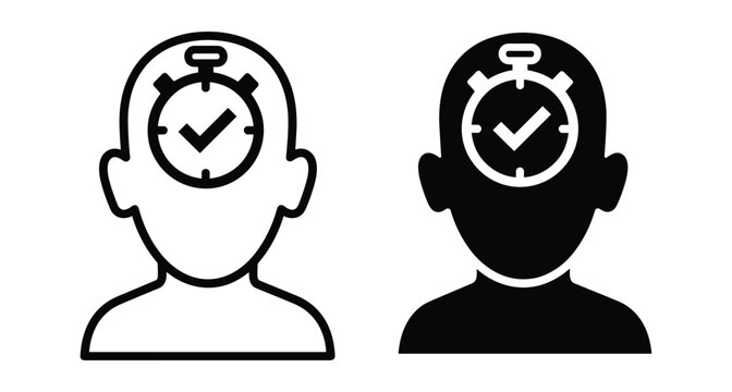 Human head silhouette with stopwatch and checkmark icon representing time management productivity efficiency mental focus task completion and cognitive speed