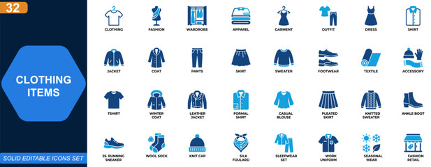 Fototapeta na wymiar Clothing items icon set. Fashion, apparel, wardrobe, garment, outfit, textile, footwear, accessories, seasonal wear. Editable icons collection. Vector.