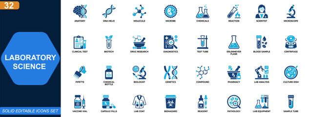 Laboratory science icon set for research and medical analysis. biology, chemistry, experiment, microscope, biotech, pharmaceutical, diagnostics, equipment. Editable icons collection. Vector. © aura studio