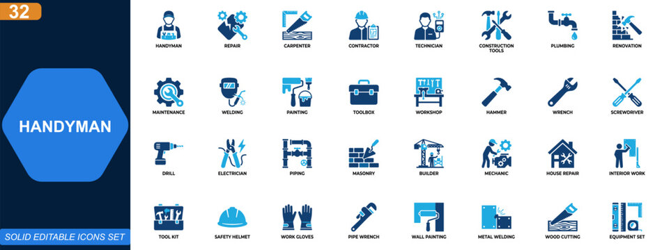 Handyman repair icon set. Carpenter, contractor, technician, construction tools, home renovation, building maintenance, plumbing, welding, painting, toolbox. Editable icons collection. Vector.