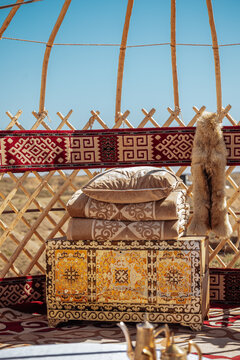Traditional nomadic yurt interior with authentic Kazakh wooden chest